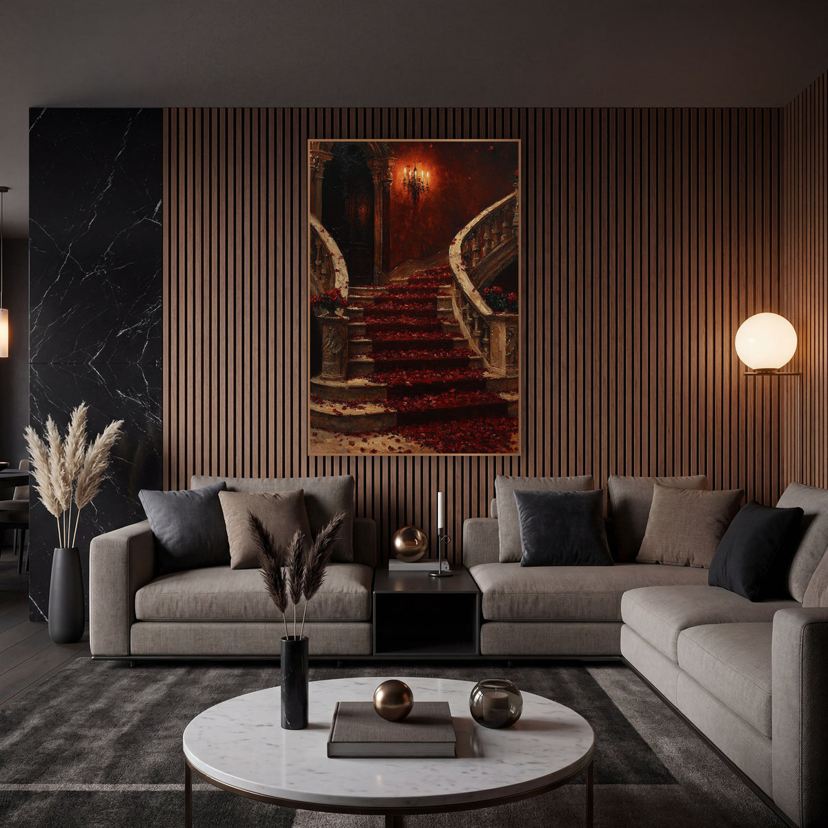 Twin Rose Petal Staircase Symmetrical Romantic wall art in an elegant modern room – grand curved stone staircase