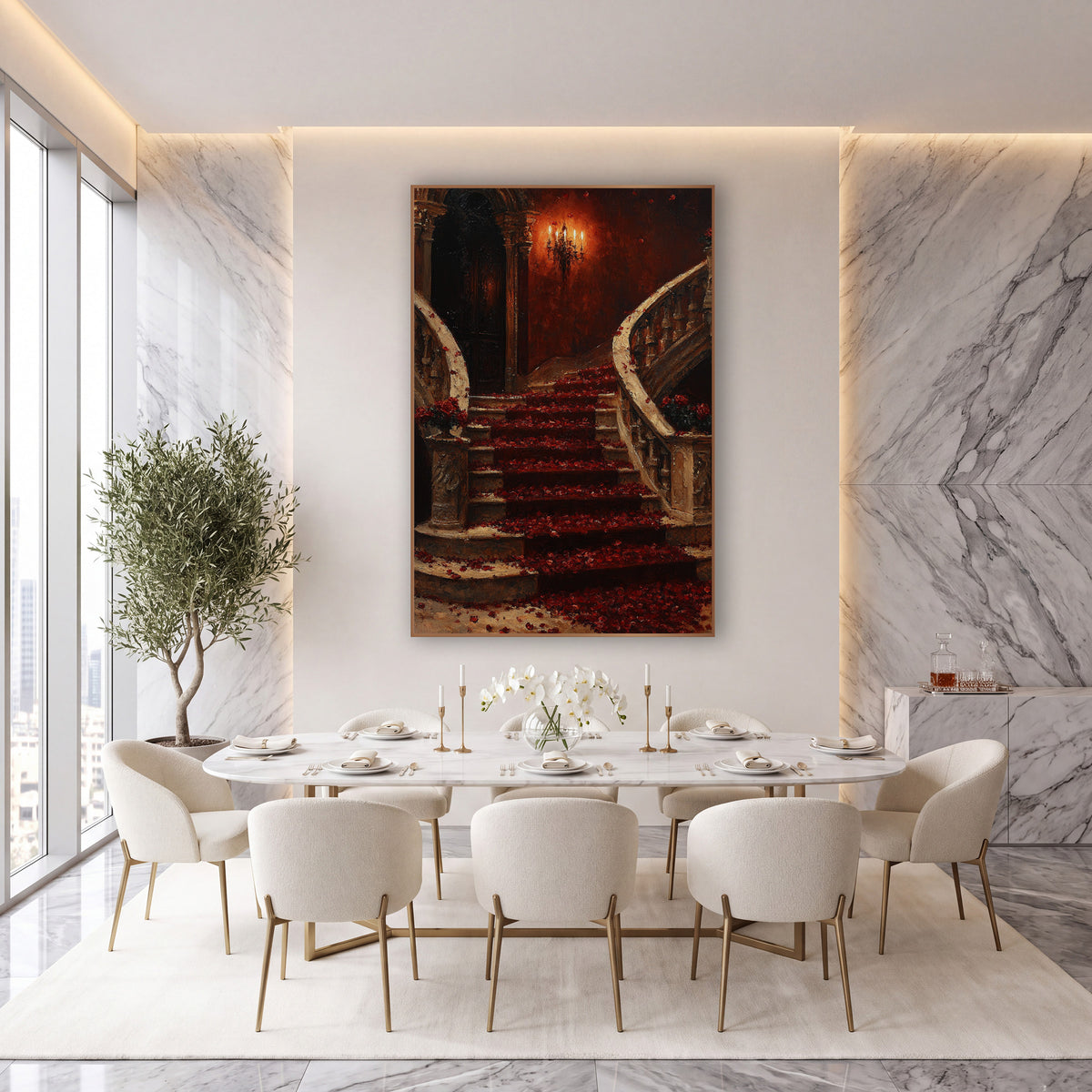Twin Rose Petal Staircase Symmetrical Romantic wall art in an elegant modern room – grand curved stone staircase