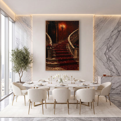 Twin Rose Petal Staircase Symmetrical Romantic wall art in an elegant modern room – grand curved stone staircase