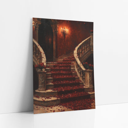 Twin Rose Petal Staircase Symmetrical Romantic art print leaning against a white wall – grand curved stone staircase covered