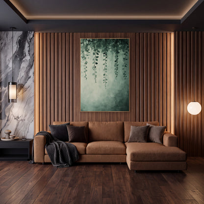 Dense Sage Vine Canopy Painted wall art in an elegant modern room – slender green vines with small round leaves