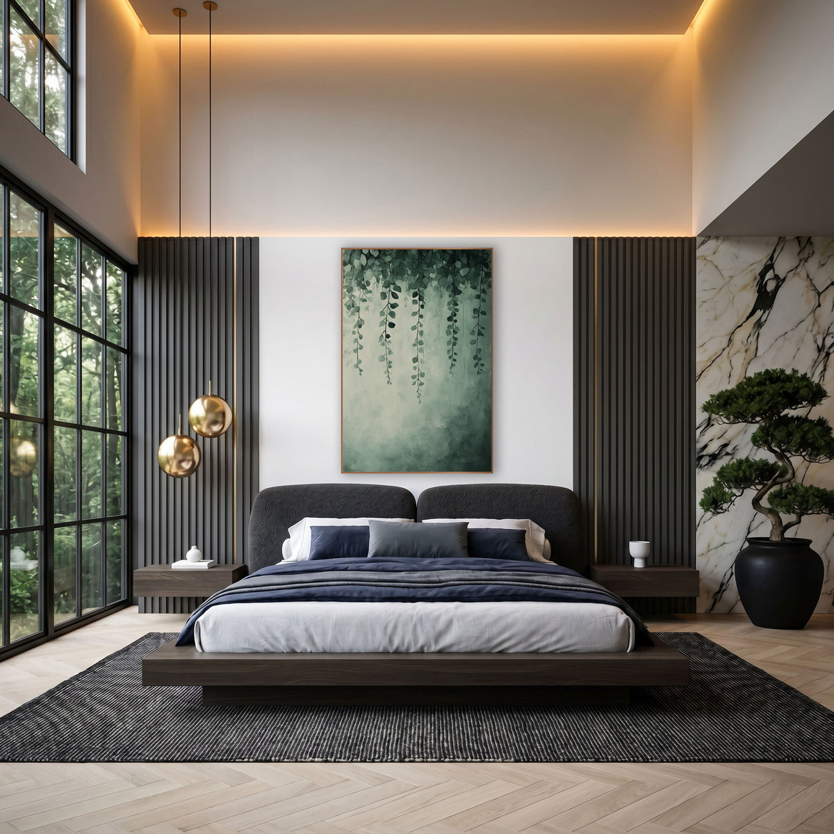 Dense Sage Vine Canopy Painted wall art in an elegant modern room – slender green vines with small round leaves