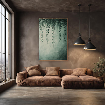 Dense Sage Vine Canopy Painted wall art in an elegant modern room – slender green vines with small round leaves