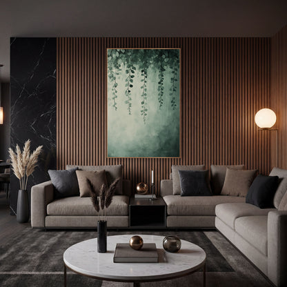 Dense Sage Vine Canopy Painted wall art in an elegant modern room – slender green vines with small round leaves