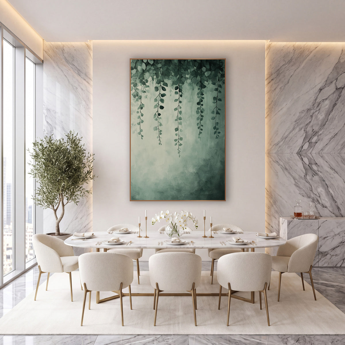 Dense Sage Vine Canopy Painted wall art in an elegant modern room – slender green vines with small round leaves