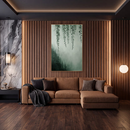 Hanging Vines Misty Forest Botanical wall art in an elegant modern room – hanging green vines with small rounded