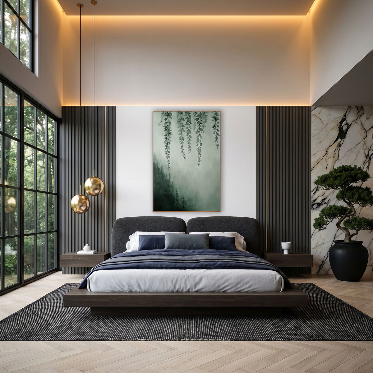 Hanging Vines Misty Forest Botanical wall art in an elegant modern room – hanging green vines with small rounded