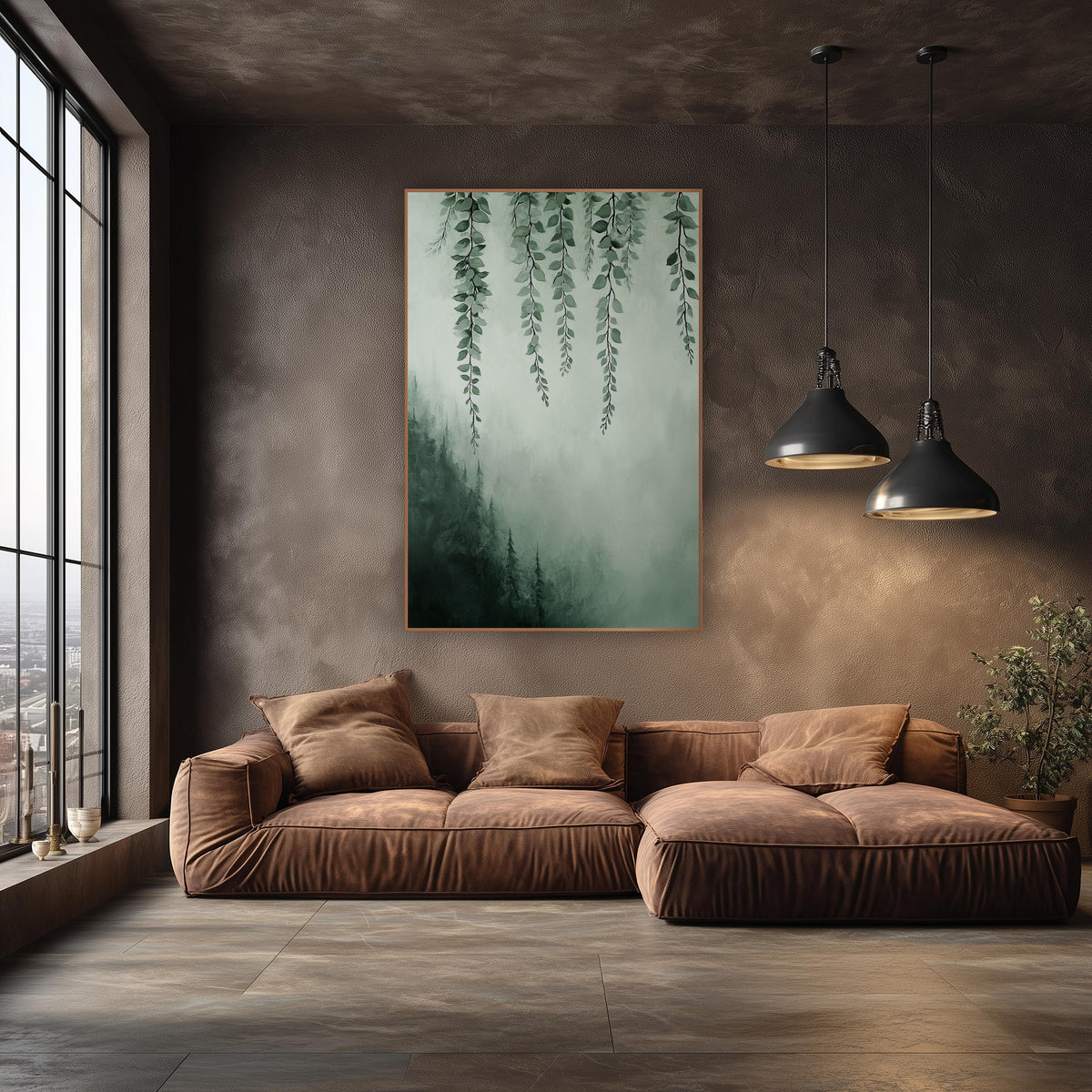 Hanging Vines Misty Forest Botanical wall art in an elegant modern room – hanging green vines with small rounded