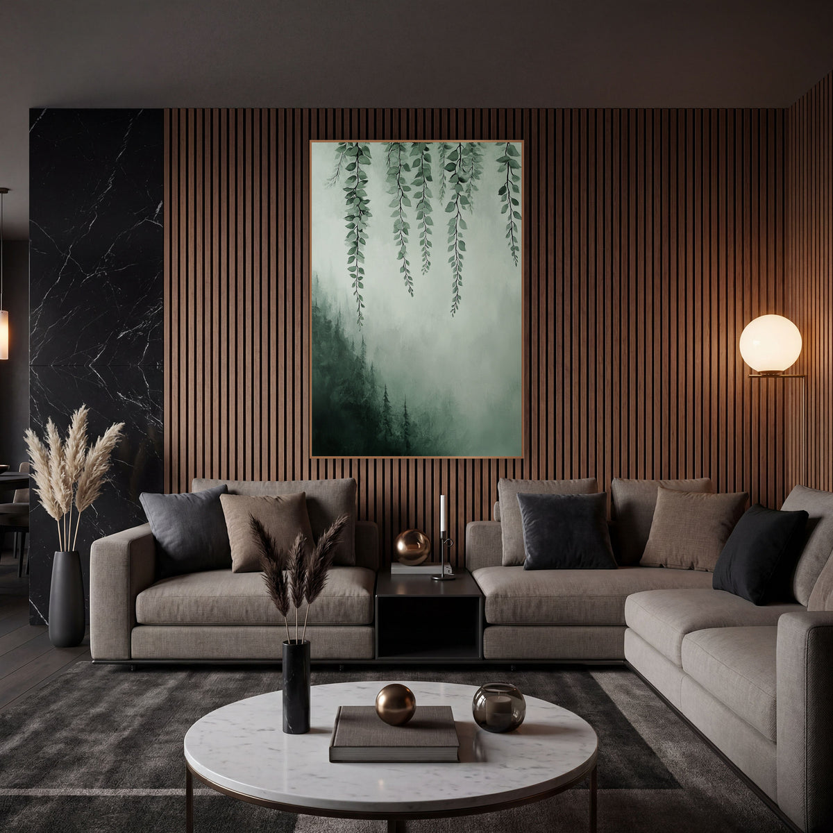 Hanging Vines Misty Forest Botanical wall art in an elegant modern room – hanging green vines with small rounded