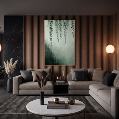Hanging Vines Misty Forest Botanical wall art in an elegant modern room – hanging green vines with small rounded