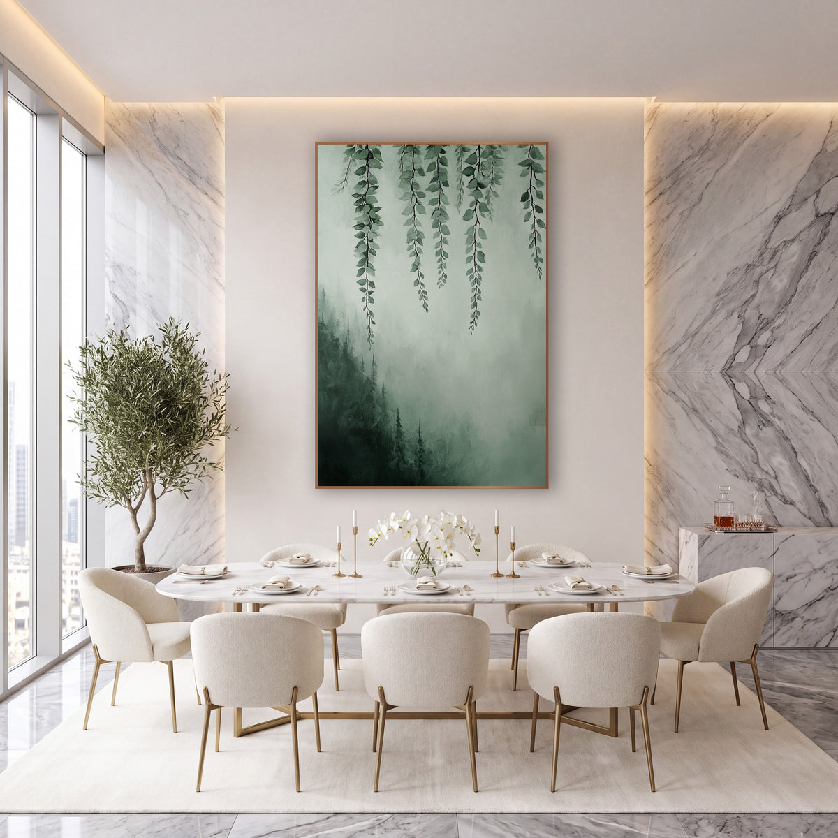 Hanging Vines Misty Forest Botanical wall art in an elegant modern room – hanging green vines with small rounded