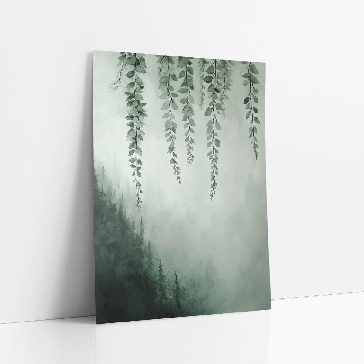 Hanging Vines Misty Forest Botanical art print leaning against a white wall – hanging green vines with small rounded leaves