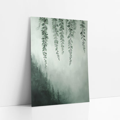 Hanging Vines Misty Forest Botanical art print leaning against a white wall – hanging green vines with small rounded leaves