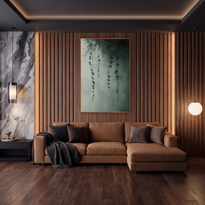 Misty Hanging Vines Botanical Moody wall art in an elegant modern room – four thin vines with small sage-green leaves