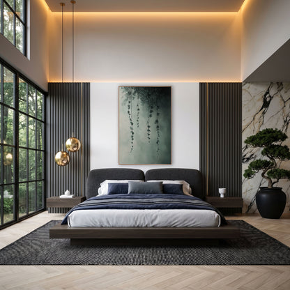 Misty Hanging Vines Botanical Moody wall art in an elegant modern room – four thin vines with small sage-green leaves