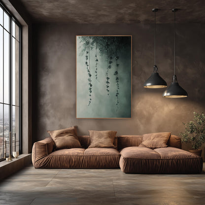 Misty Hanging Vines Botanical Moody wall art in an elegant modern room – four thin vines with small sage-green leaves