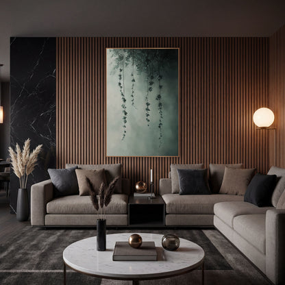 Misty Hanging Vines Botanical Moody wall art in an elegant modern room – four thin vines with small sage-green leaves