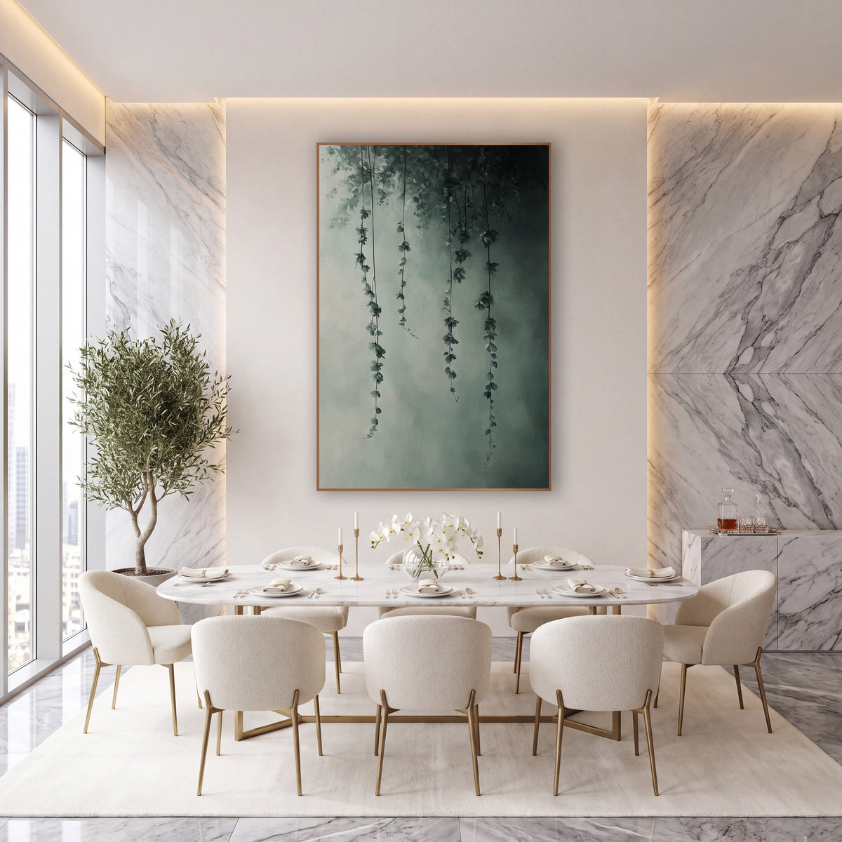 Misty Hanging Vines Botanical Moody wall art in an elegant modern room – four thin vines with small sage-green leaves