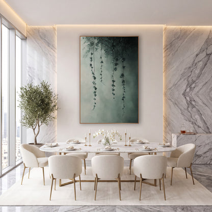 Misty Hanging Vines Botanical Moody wall art in an elegant modern room – four thin vines with small sage-green leaves