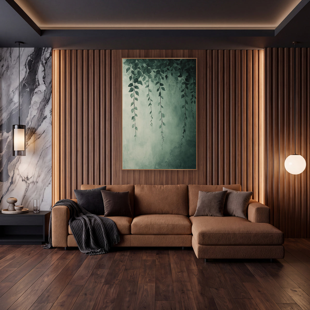 Four Sage Vine Strands Soft wall art in an elegant modern room – thin hanging vines with small pointed sage green