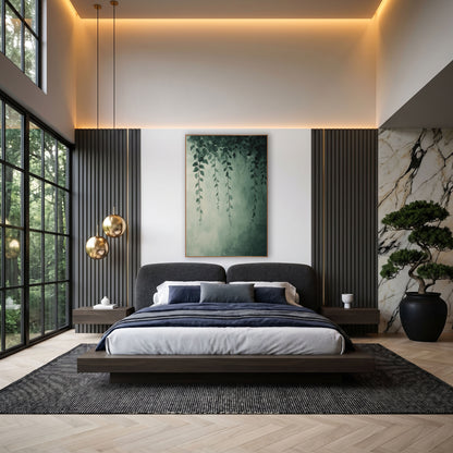 Four Sage Vine Strands Soft wall art in an elegant modern room – thin hanging vines with small pointed sage green