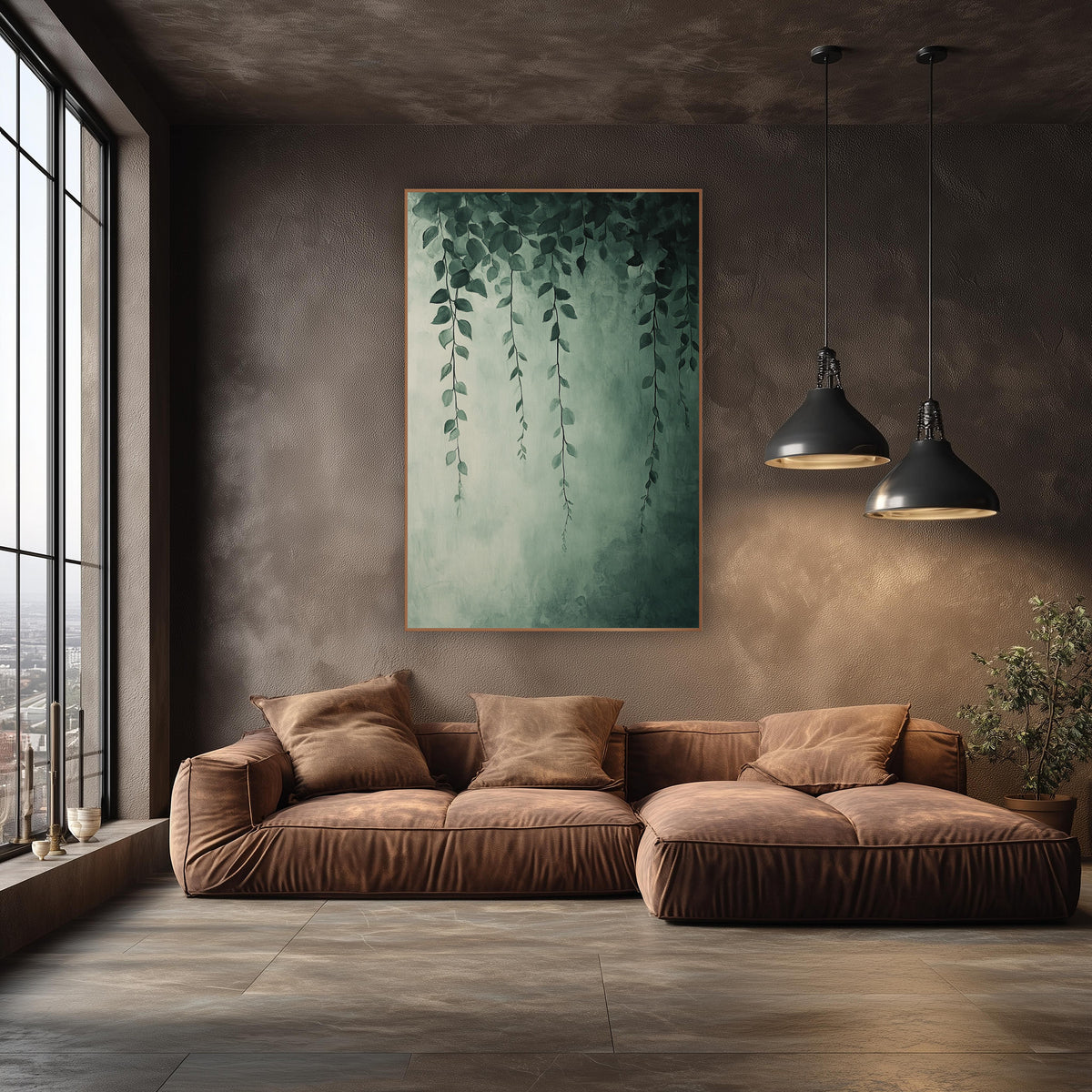 Four Sage Vine Strands Soft wall art in an elegant modern room – thin hanging vines with small pointed sage green