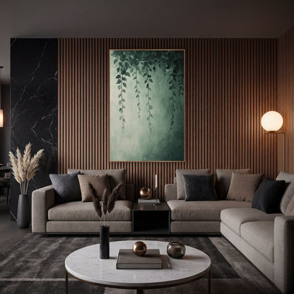 Four Sage Vine Strands Soft wall art in an elegant modern room – thin hanging vines with small pointed sage green