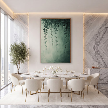 Four Sage Vine Strands Soft wall art in an elegant modern room – thin hanging vines with small pointed sage green