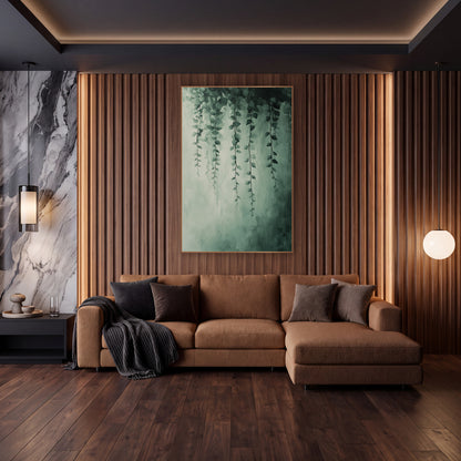 Trailing Green Vine Botanical Abstract wall art in an elegant modern room – thin green vines with small leaves hang