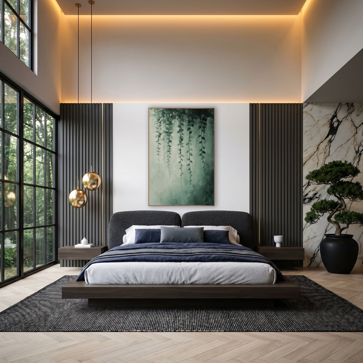Trailing Green Vine Botanical Abstract wall art in an elegant modern room – thin green vines with small leaves hang