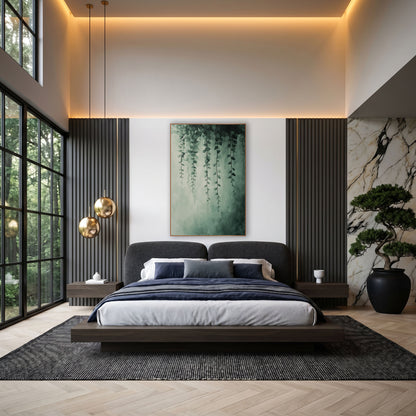 Trailing Green Vine Botanical Abstract wall art in an elegant modern room – thin green vines with small leaves hang