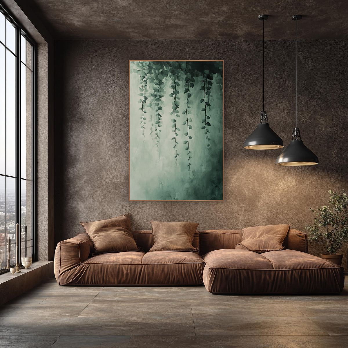 Trailing Green Vine Botanical Abstract wall art in an elegant modern room – thin green vines with small leaves hang