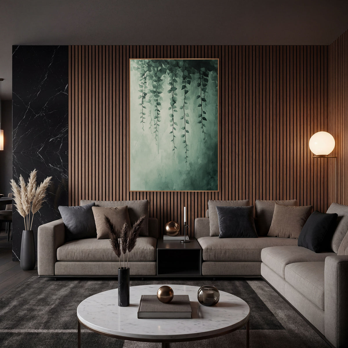 Trailing Green Vine Botanical Abstract wall art in an elegant modern room – thin green vines with small leaves hang