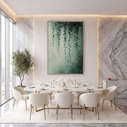 Trailing Green Vine Botanical Abstract wall art in an elegant modern room – thin green vines with small leaves hang