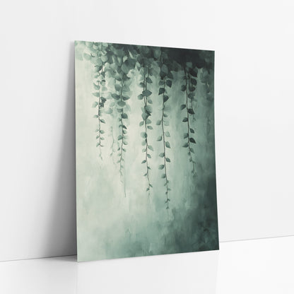 Trailing Green Vine Botanical Abstract art print leaning against a white wall – thin green vines with small leaves hang