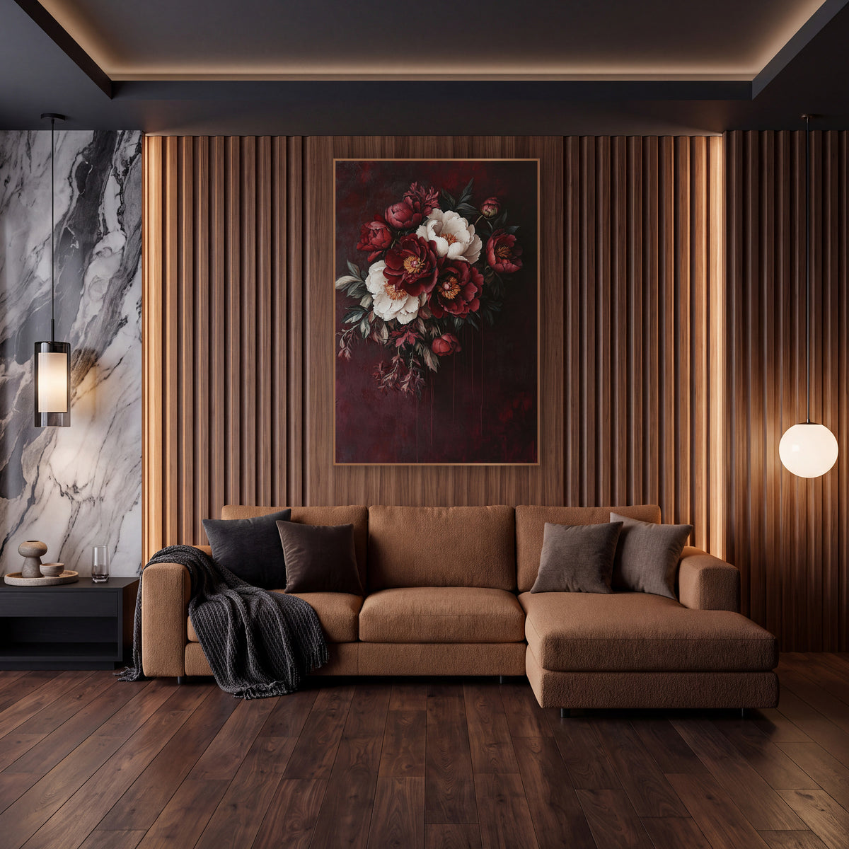 Crimson Ivory Peony Cluster Oil wall art in an elegant modern room – bouquet of deep red and cream peonies with golden