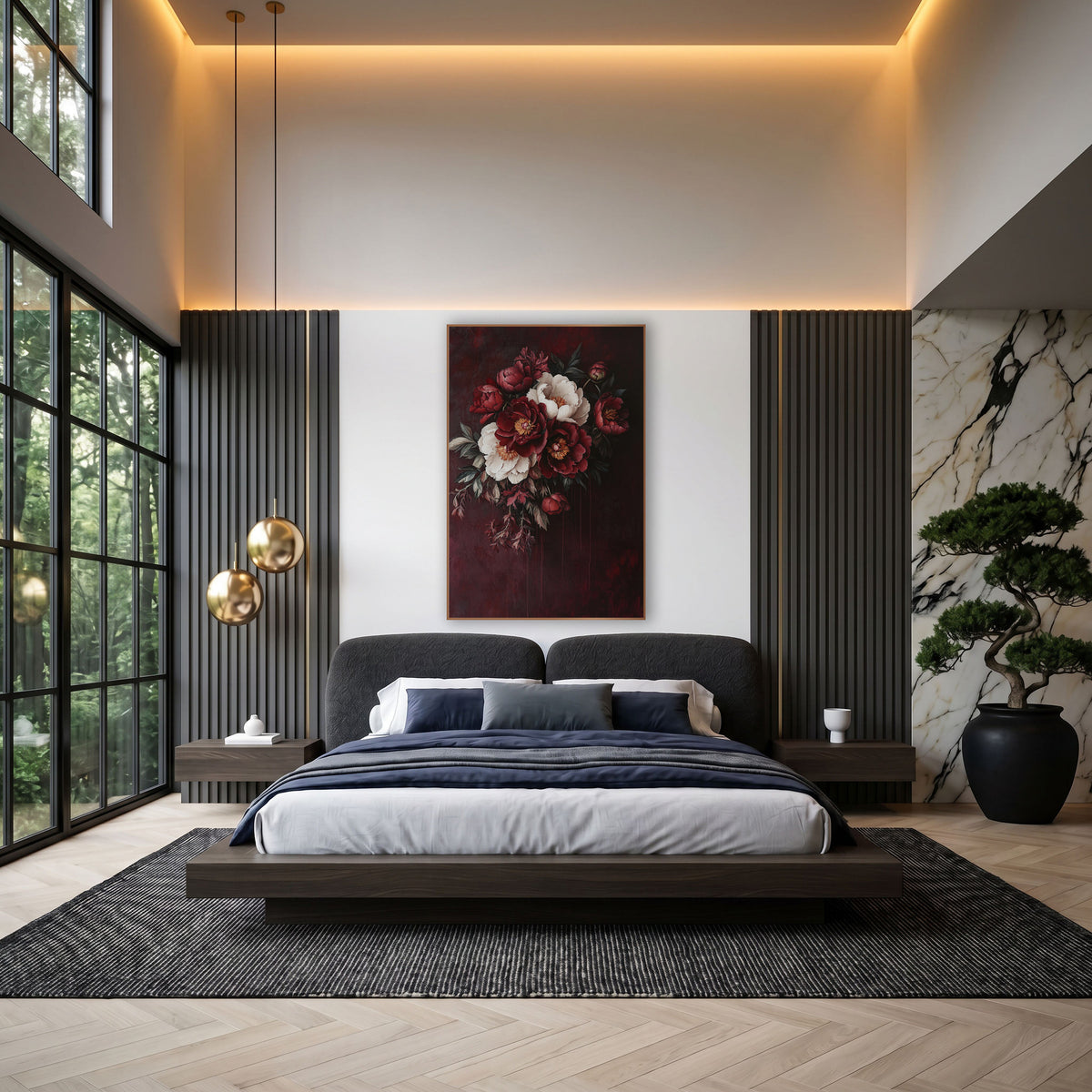 Crimson Ivory Peony Cluster Oil wall art in an elegant modern room – bouquet of deep red and cream peonies with golden
