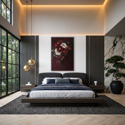 Crimson Ivory Peony Cluster Oil wall art in an elegant modern room – bouquet of deep red and cream peonies with golden