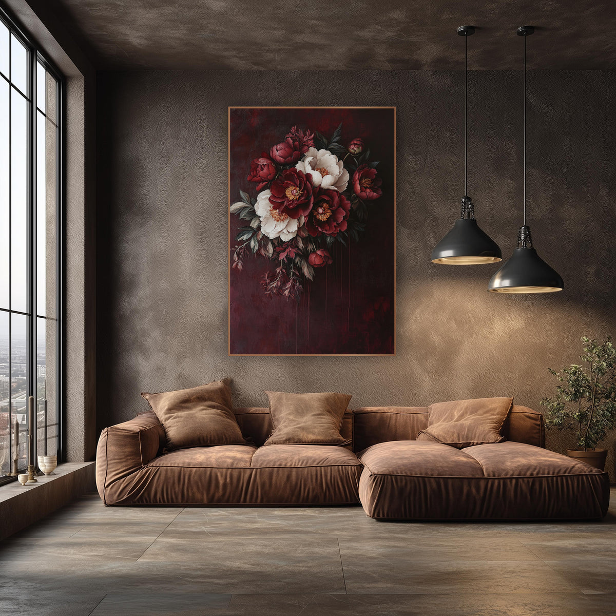 Crimson Ivory Peony Cluster Oil wall art in an elegant modern room – bouquet of deep red and cream peonies with golden