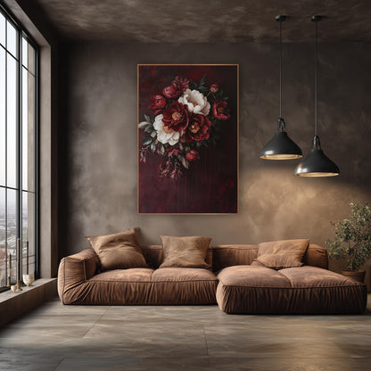 Crimson Ivory Peony Cluster Oil wall art in an elegant modern room – bouquet of deep red and cream peonies with golden