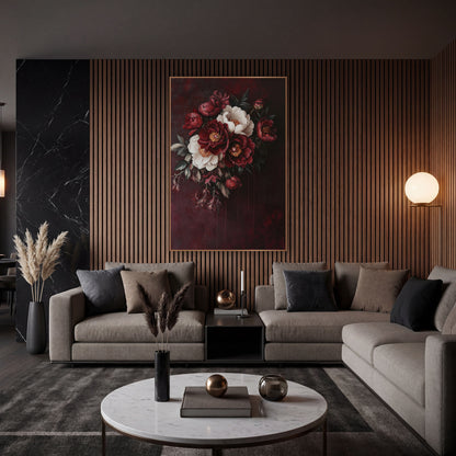 Crimson Ivory Peony Cluster Oil wall art in an elegant modern room – bouquet of deep red and cream peonies with golden