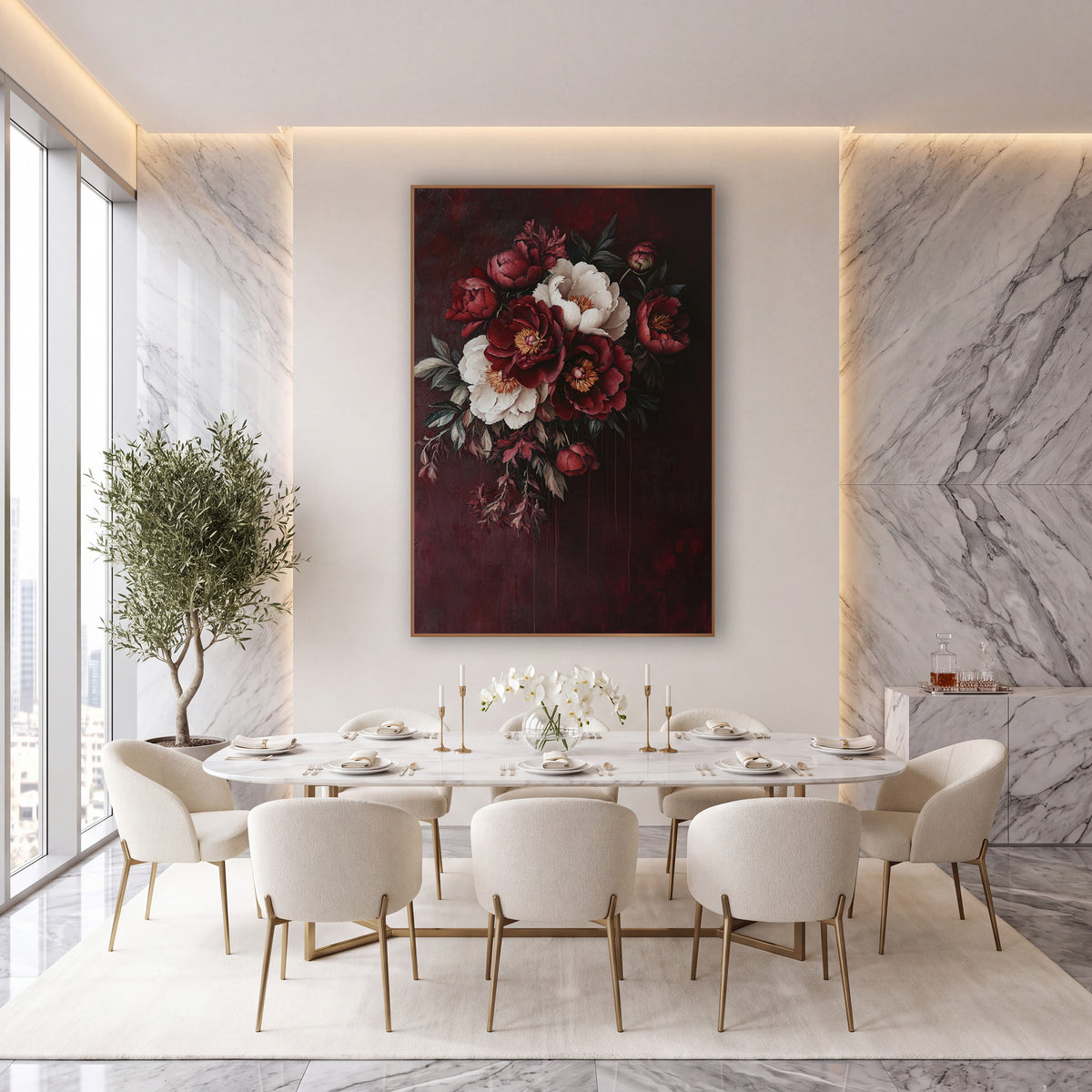 Crimson Ivory Peony Cluster Oil wall art in an elegant modern room – bouquet of deep red and cream peonies with golden