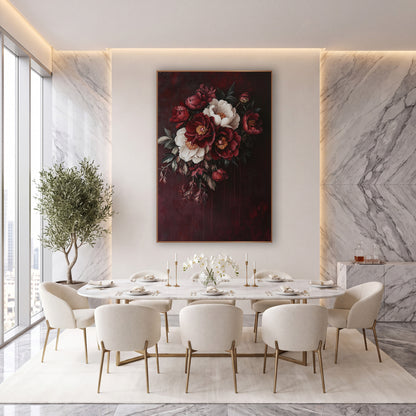 Crimson Ivory Peony Cluster Oil wall art in an elegant modern room – bouquet of deep red and cream peonies with golden