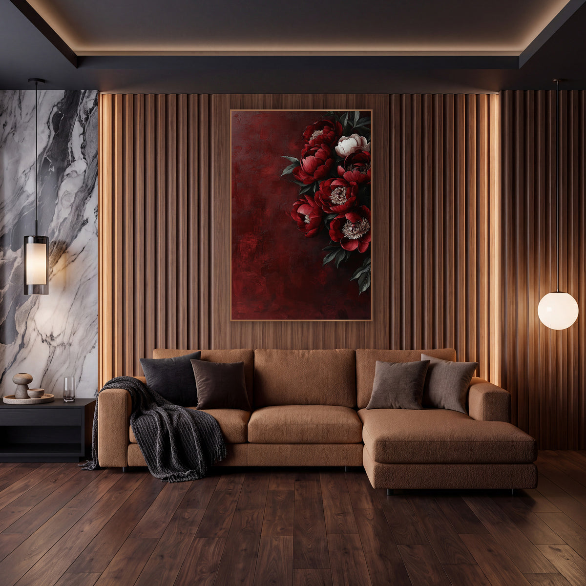 Crimson Peony Cluster Luxury Floral wall art in an elegant modern room – deep red peonies and one white peony