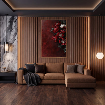 Crimson Peony Cluster Luxury Floral wall art in an elegant modern room – deep red peonies and one white peony