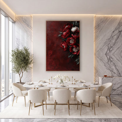 Crimson Peony Cluster Luxury Floral wall art in an elegant modern room – deep red peonies and one white peony