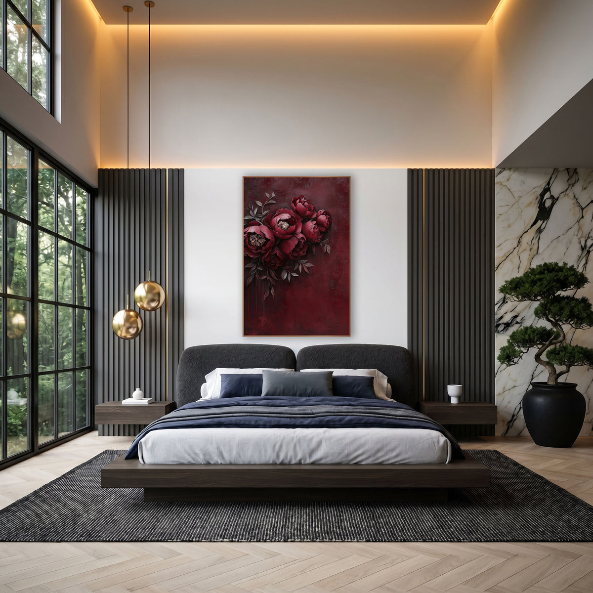 Rosewood Peony Corner Spray Painterly wall art in an elegant modern room – bouquet of burgundy peonies with cream