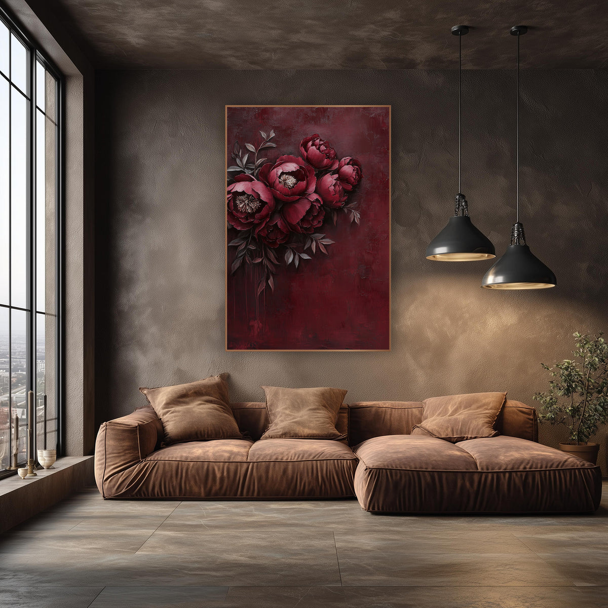 Rosewood Peony Corner Spray Painterly wall art in an elegant modern room – bouquet of burgundy peonies with cream