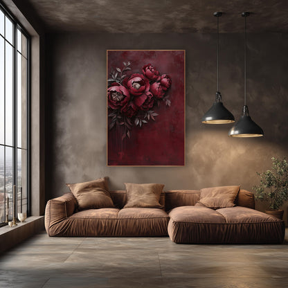 Rosewood Peony Corner Spray Painterly wall art in an elegant modern room – bouquet of burgundy peonies with cream