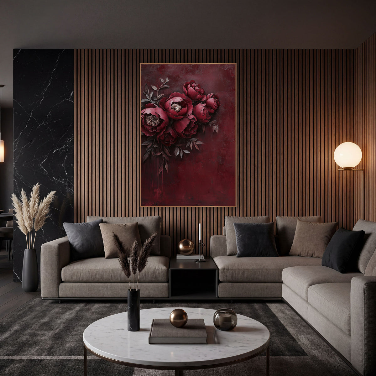 Rosewood Peony Corner Spray Painterly wall art in an elegant modern room – bouquet of burgundy peonies with cream